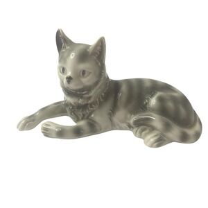 Vintage Erphila Grey Striped Cat Porcelain Figurine Reclining Germany MCM‎ 50s